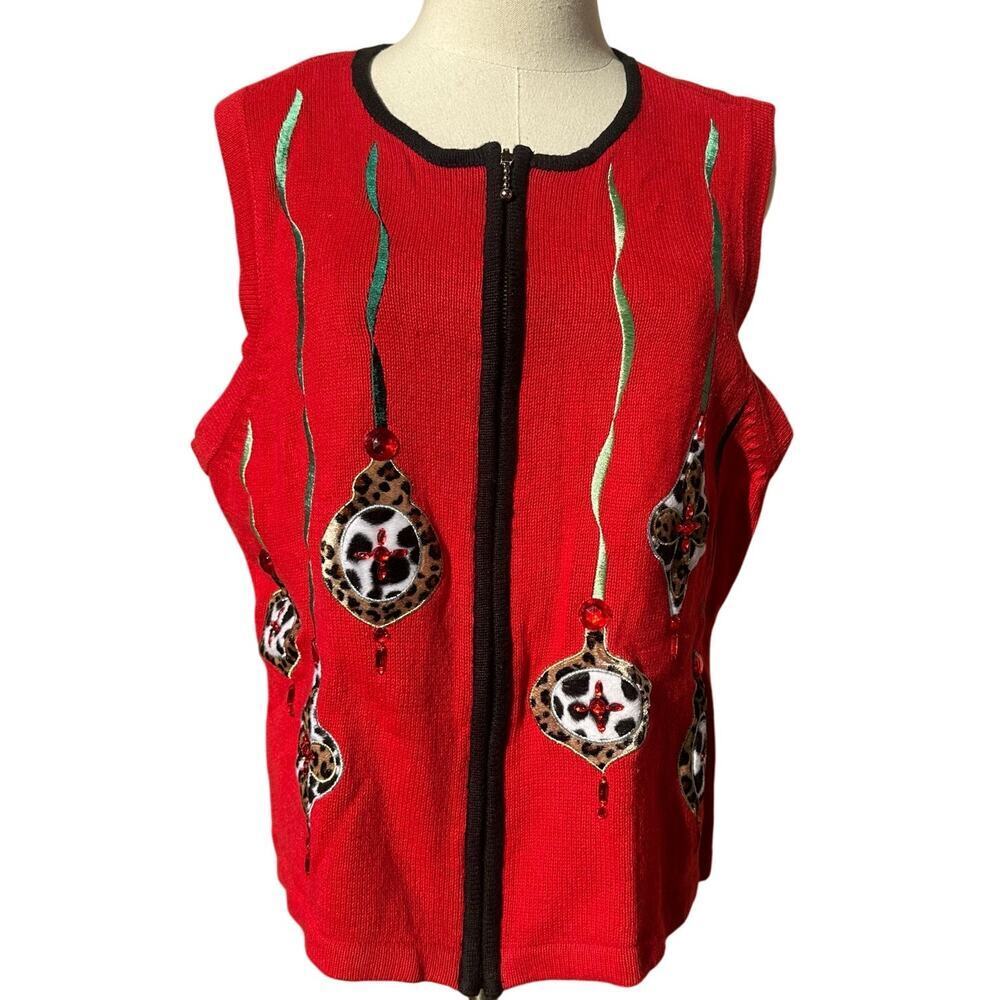 Vintage Merry & Bright Red/Animal Print Ornaments, Zip Up, Sweater Vest- L